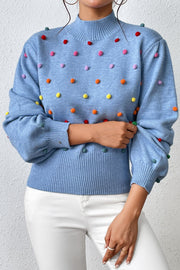 Pom-Pom Trim Mock Neck Long Sleeve Pullover Sweater Trendsi