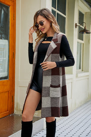 Plaid Open Front Sleeveless Cardigan with Pockets Trendsi