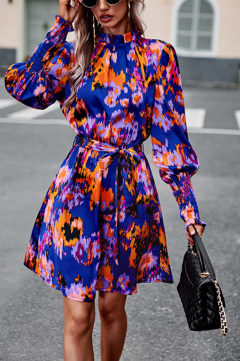 Printed Tie Waist Mock Neck Lantern Sleeve Dress Trendsi