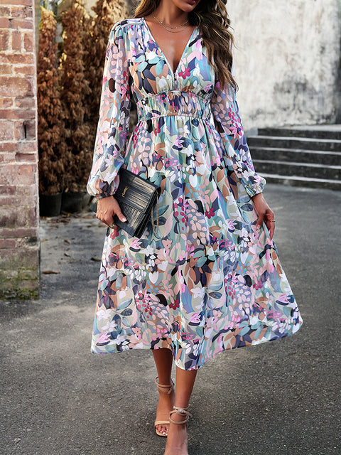 Printed V-Neck Long Sleeve Midi Dress Trendsi