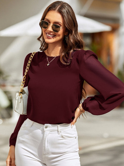 Round Neck Long Sleeve Blouse Trendsi