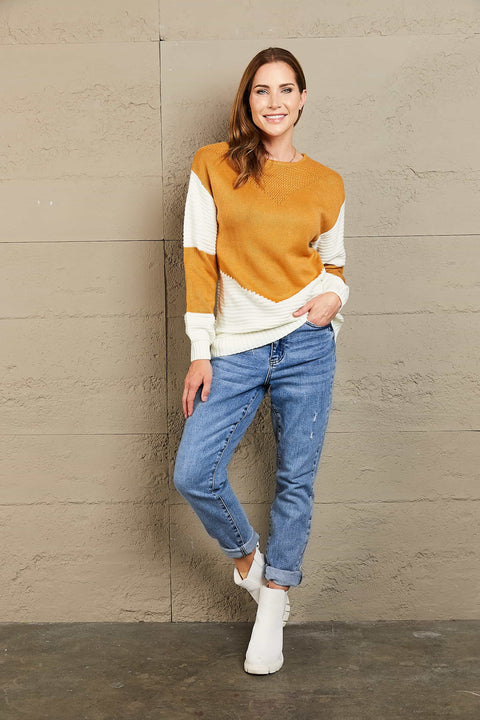 Woven Right Two-Tone Openwork Rib-Knit Sweater Trendsi