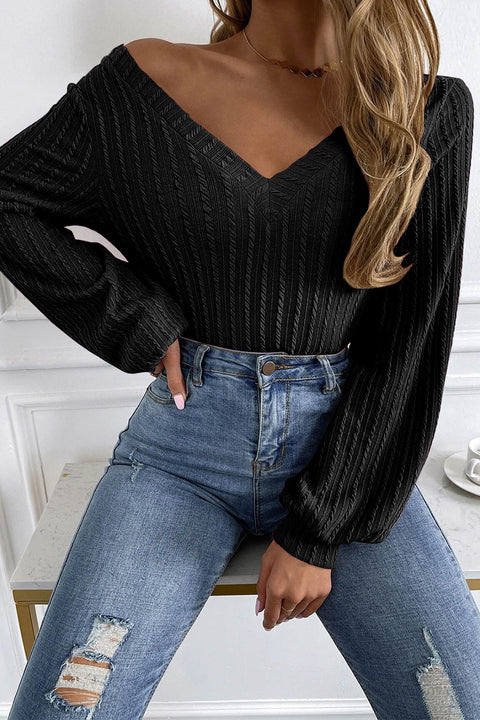 V-Neck Long Sleeve Knit Top Trendsi