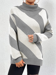 Striped Turtleneck Dropped Shoulder Sweater Trendsi