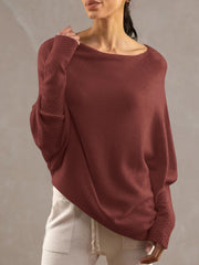 Full Size Boat Neck Batwing Sleeve Knit Top Trendsi