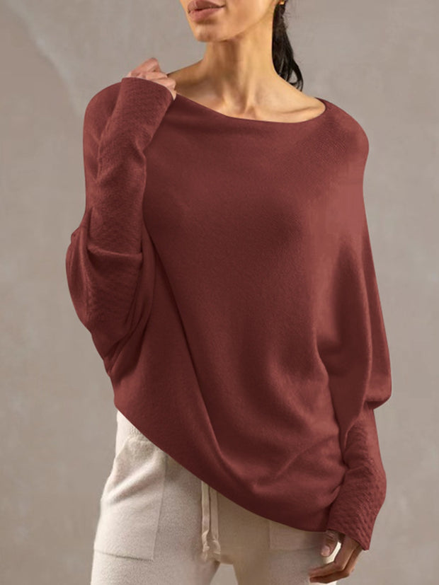 Full Size Boat Neck Batwing Sleeve Knit Top Trendsi