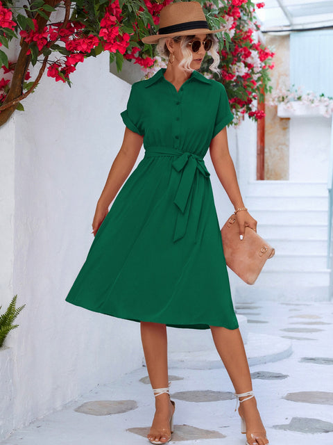 Buttoned Tie Waist Short Sleeve Dress Trendsi