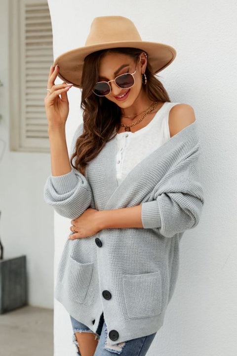 Waffle-Knit Dropped Shoulder Cardigan Trendsi