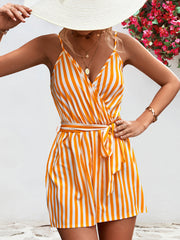 Striped Tie Waist Spaghetti Strap Romper Trendsi