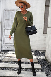 Decorative Button Notched Dropped Shoulder Sweater Dress Trendsi