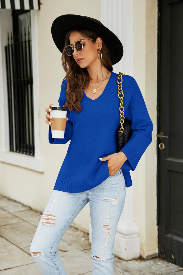 Drop Shoulder V-Neck Knit Pullover Trendsi