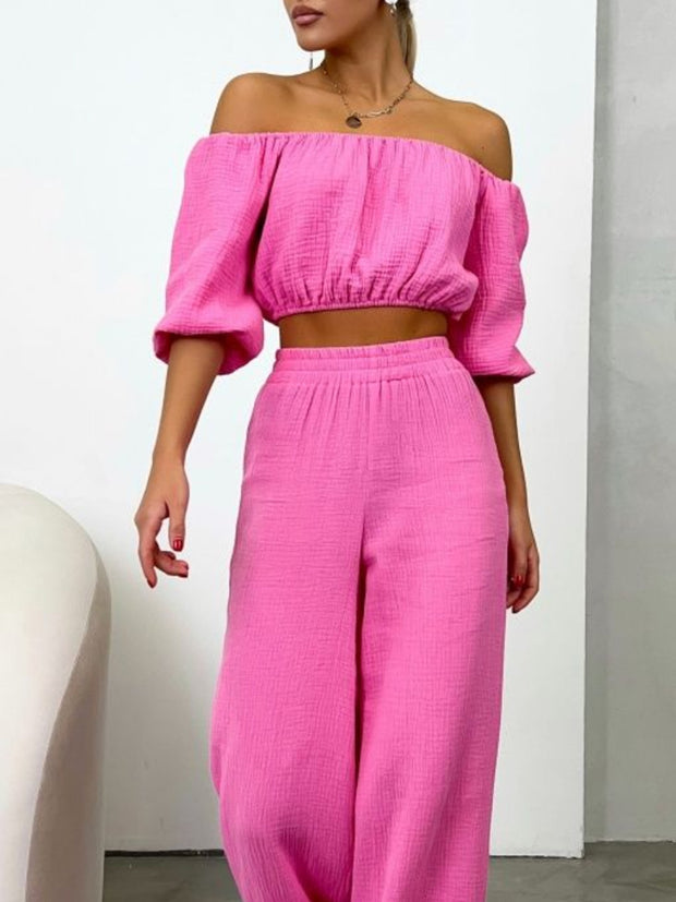 Off Shoulder Long Sleeve Top and Pants Set Trendsi