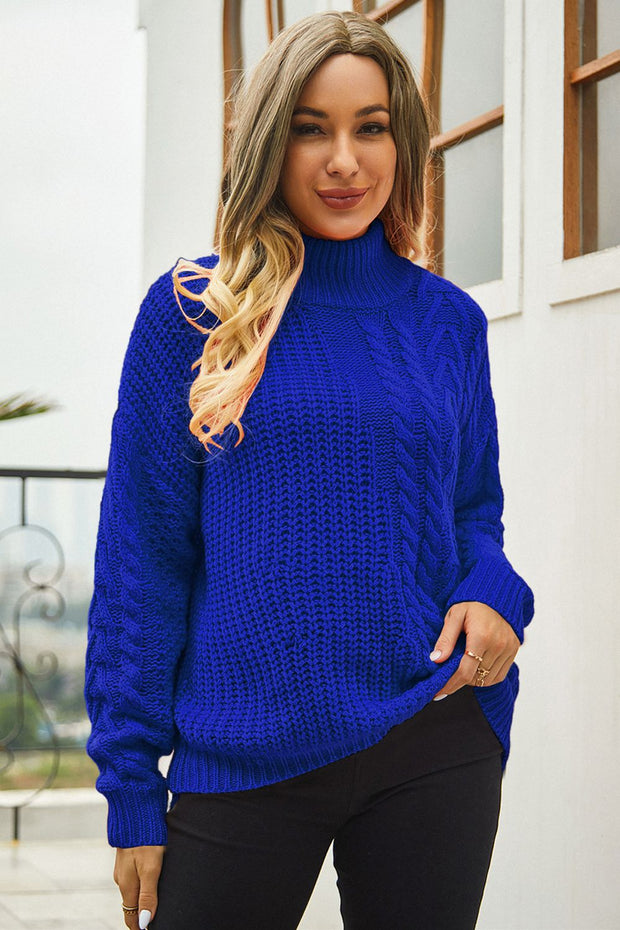 Cable-Knit Turtle Neck Long Sleeve Sweater Trendsi