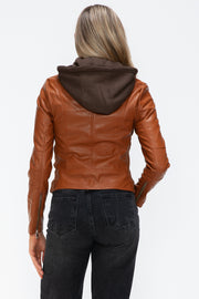 Snobbish Faux Leather Zip Up Drawstring Hooded Jacket Trendsi