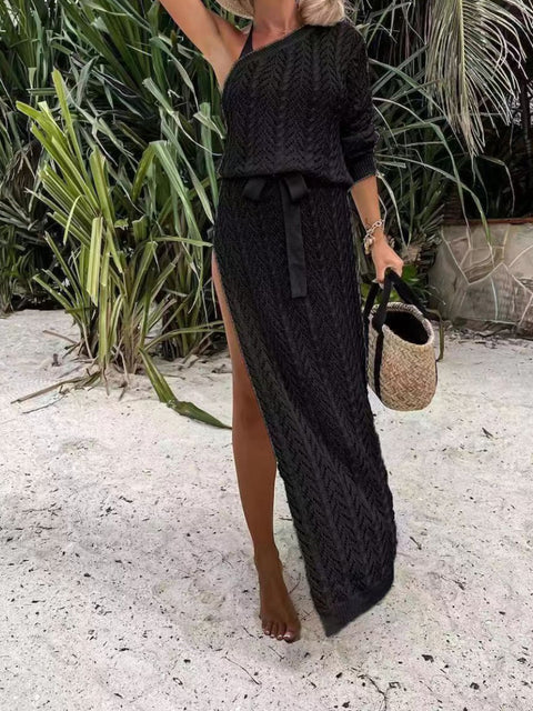 Slit Openwork Single Shoulder Knit Cover Up Dress