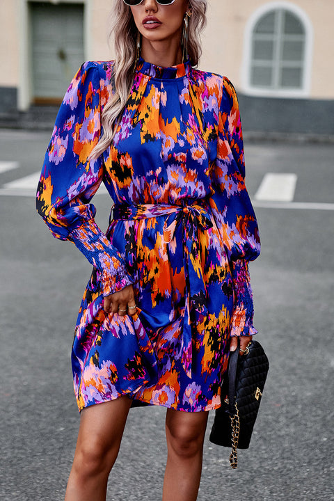 Printed Tie Waist Mock Neck Lantern Sleeve Dress Trendsi