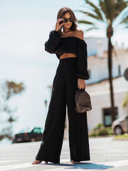 Off Shoulder Long Sleeve Top and Pants Set Trendsi