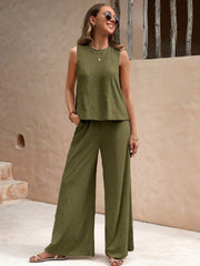 Round Neck Sleeveless Top and Wide Leg Pants Set Trendsi