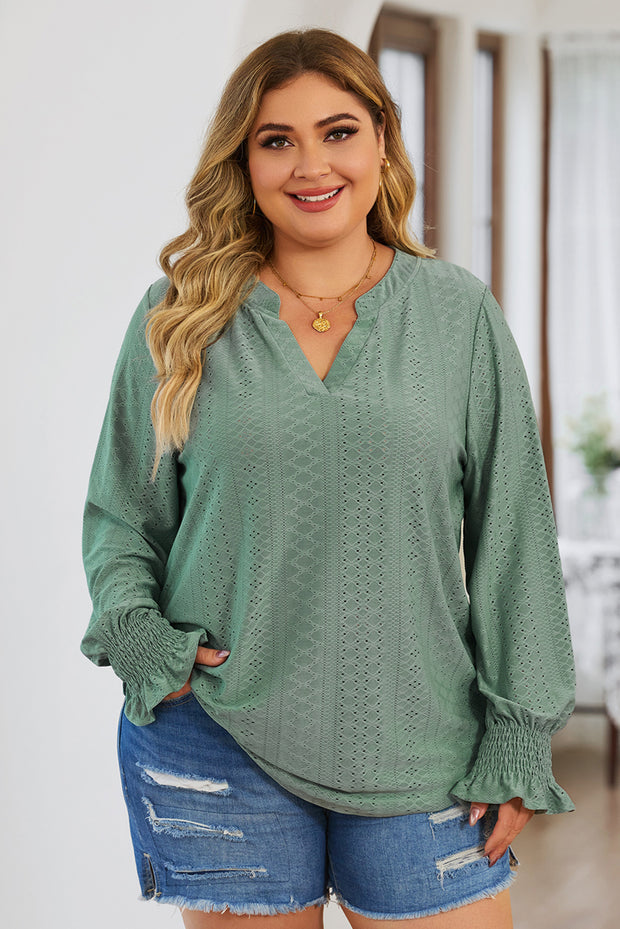 Plus Size Eyelet Notched Flounce Sleeve Blouse Trendsi