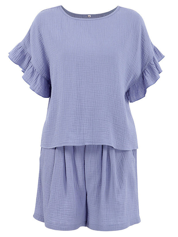 Ruffled Round Neck Top and Shorts Set Trendsi