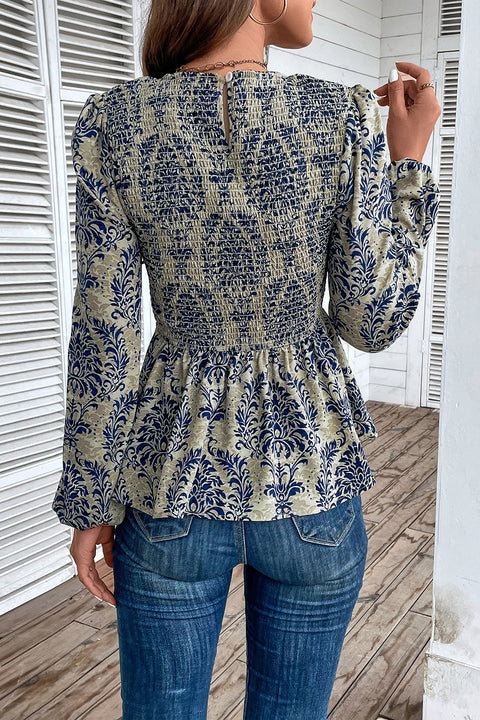 Smocked Printed Balloon Sleeve Blouse Trendsi