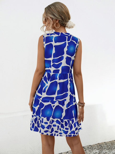 Printed Notched Sleeveless Tiered Dress Trendsi