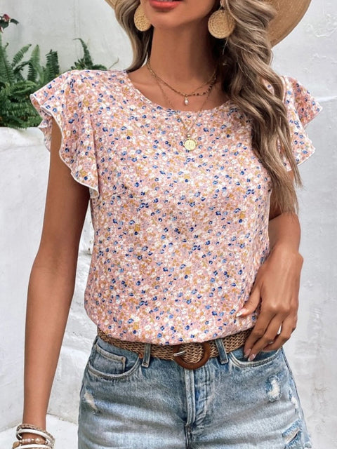 Ditsy Floral Round Neck Cap Sleeve Top Trendsi