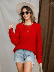 Openwork Round Neck Raglan Sleeve Sweater