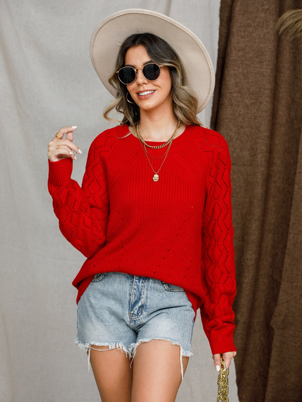 Openwork Round Neck Raglan Sleeve Sweater Trendsi