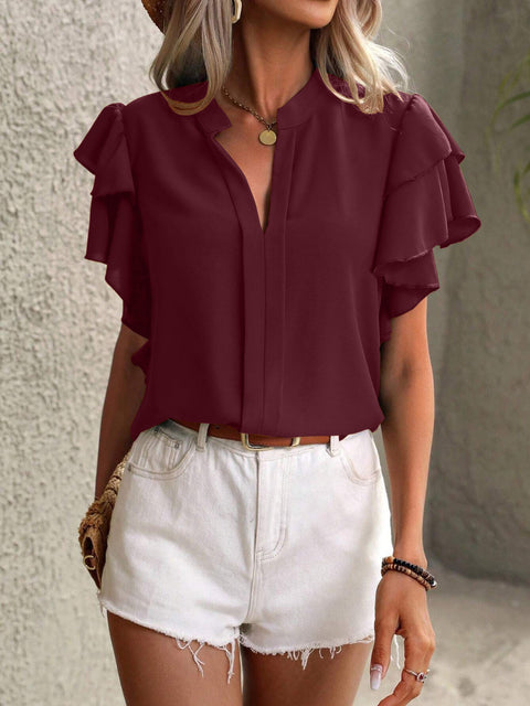 Ruffled Notched Short Sleeve Blouse Trendsi