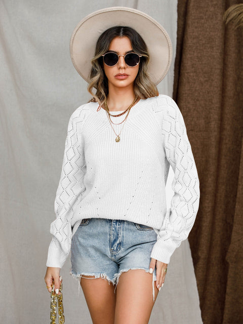 Openwork Round Neck Raglan Sleeve Sweater Trendsi