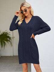 Cable-Knit V-Neck Mini Sweater Dress Trendsi