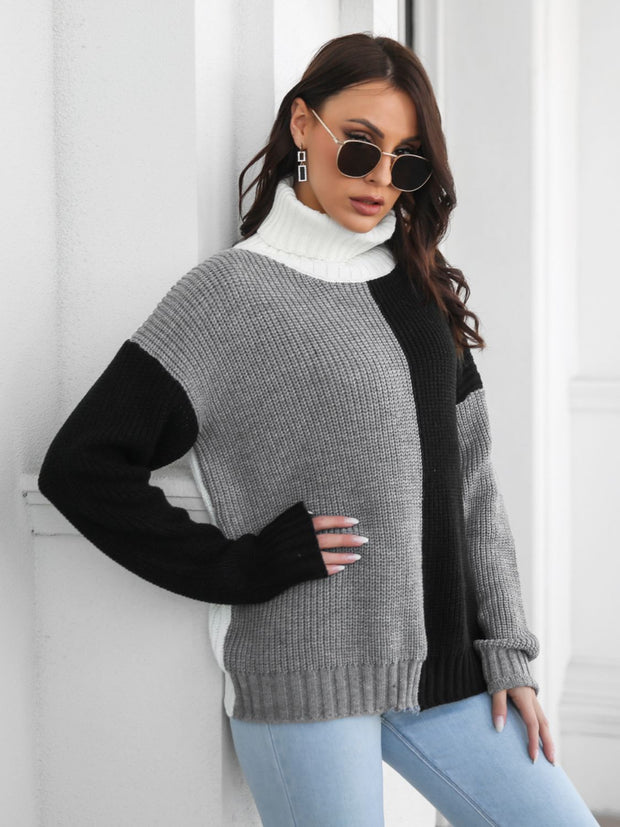 Contrast Turtleneck Long Sleeve Sweater Trendsi