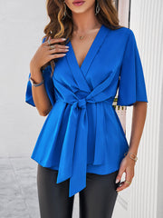 Surplice Tie Waist Half Sleeve Blouse Trendsi