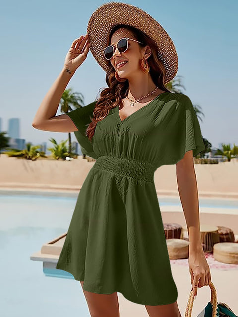 Smocked V-Neck Short Sleeve Dress Trendsi