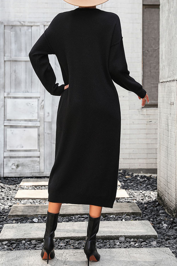 Decorative Button Notched Dropped Shoulder Sweater Dress Trendsi