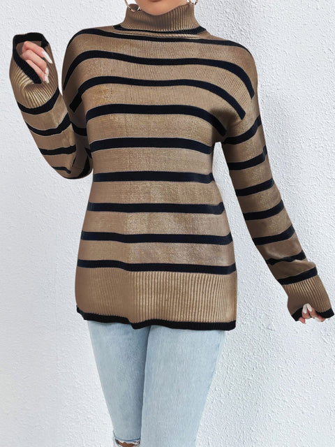 Striped Turtleneck Drop Shoulder Sweater Trendsi