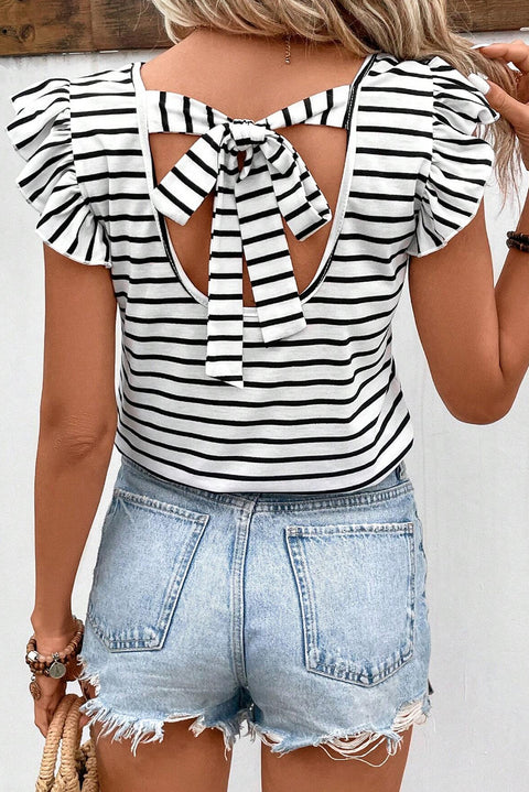 Tied Striped V-Neck Cap Sleeve T-Shirt Trendsi