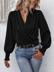 Surplice Smocked Lantern Sleeve Blouse Trendsi