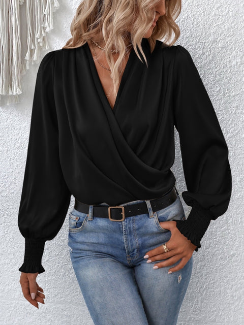 Surplice Smocked Lantern Sleeve Blouse Trendsi