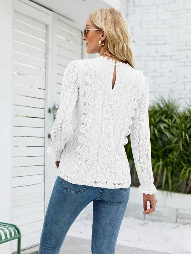 Lace V-Neck Flounce Sleeve Blouse