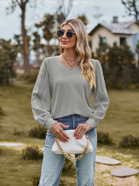 Swiss Dot V-Neck Long Sleeve Blouse Trendsi