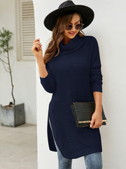 Turtleneck Waffle-Knit Slit Sweater Dress Trendsi