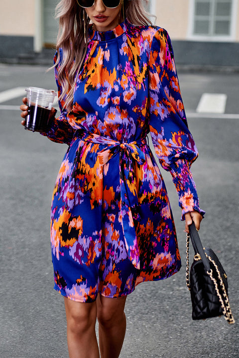 Printed Tie Waist Mock Neck Lantern Sleeve Dress Trendsi