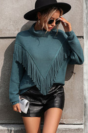 Turtle Neck Tassel Front Long Sleeve Pullover Sweater