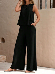 Round Neck Sleeveless Top and Wide Leg Pants Set Trendsi