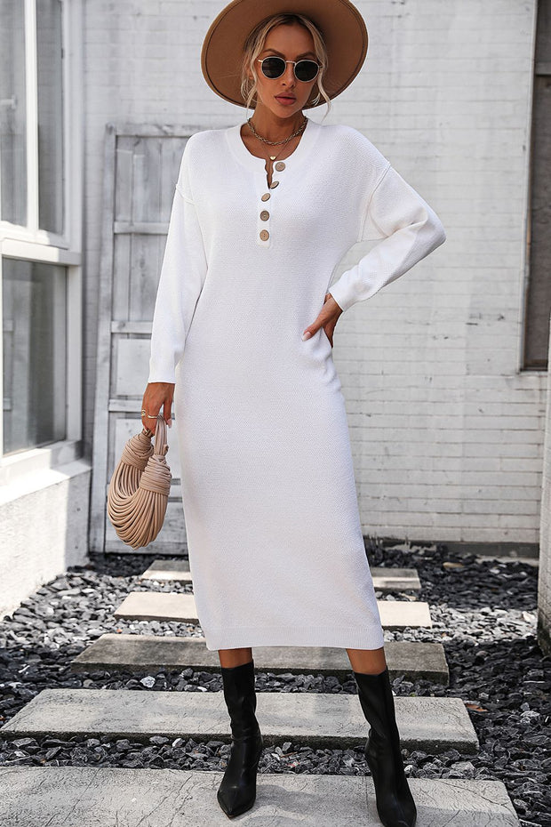 Decorative Button Notched Dropped Shoulder Sweater Dress Trendsi