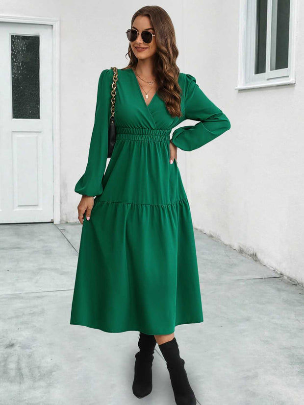 Surplice Neck Long Sleeve Midi Dress Trendsi