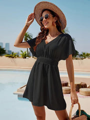 Smocked V-Neck Short Sleeve Dress Trendsi