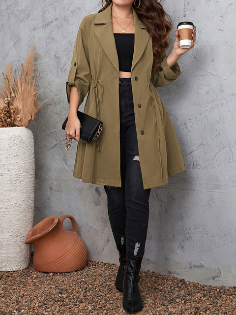 Plus Size Lapel Collar Drawstring Roll-Tab Sleeve Trench Coat Trendsi